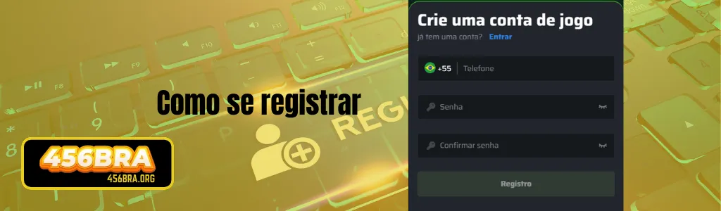 Tela de registro no 456BRA cassino mostrando campos de nome, e-mail, senha e botão de confirmação.